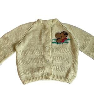 Handmade Knit Pale Butter Yellow Girl's Knit Cardigan, Bunny, Rabbit, Pastel